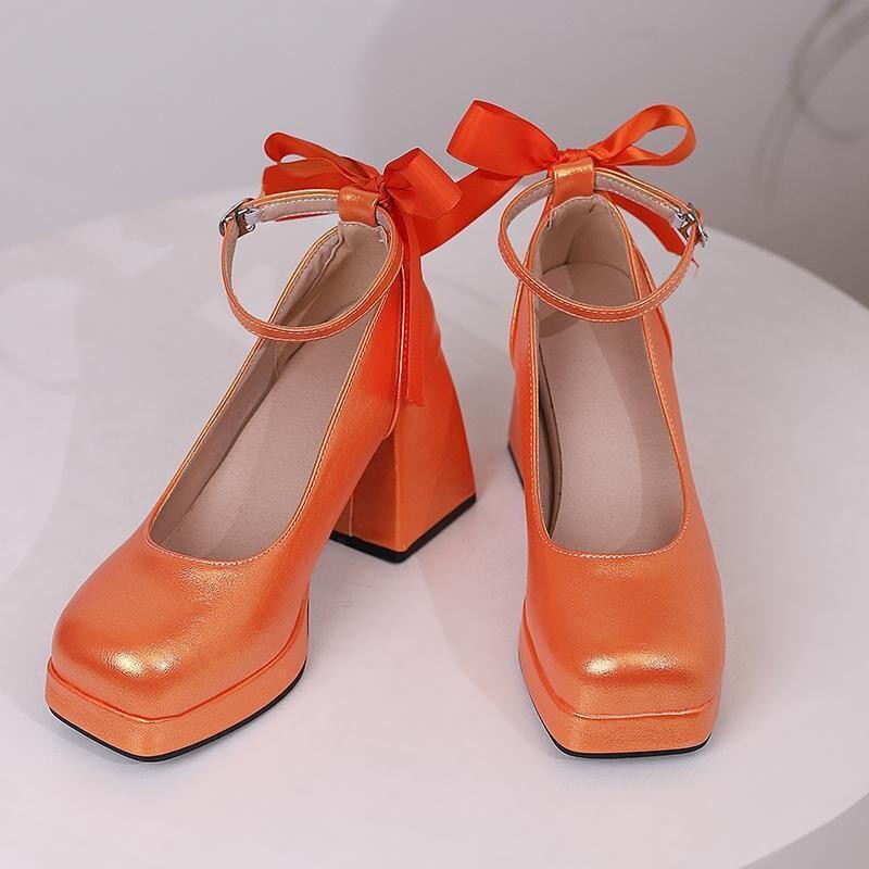 Women’s Square Toe Platform Block Heel Bow Shoes Dress Party Prom Pump Plus Size