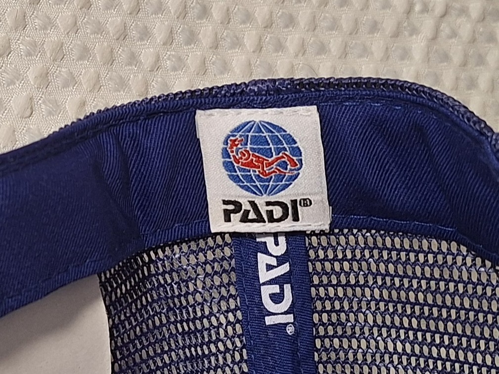PADI Respect The Locals Shark White Blue Cap Hat Ocean Bound Plastic Diving New
