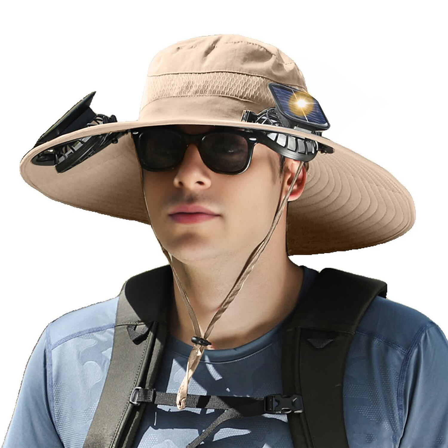 Outdoor Wide Brim Sun Hat with Solar & USB Fan Mosquito Head Net UV Protection