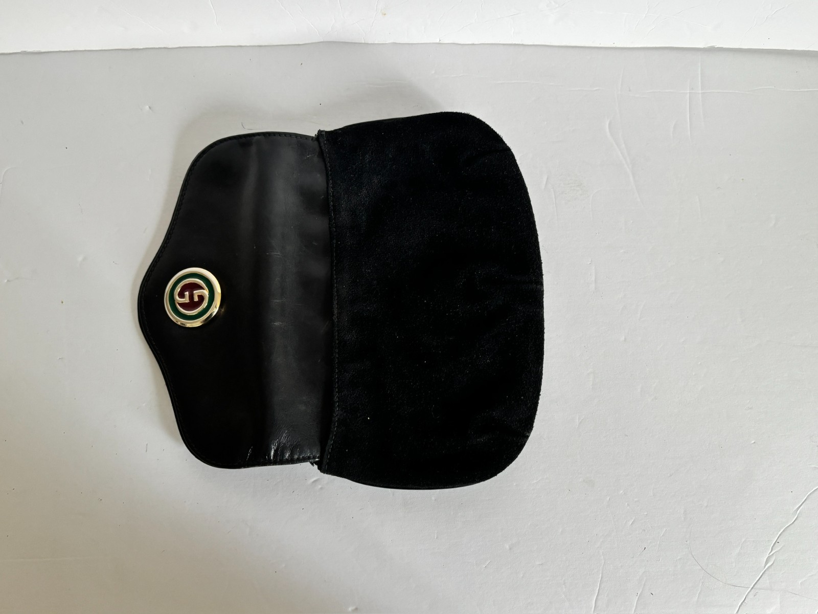Vintage Gucci Black Suede Leather Clutch Enamel GG Logo Original Box