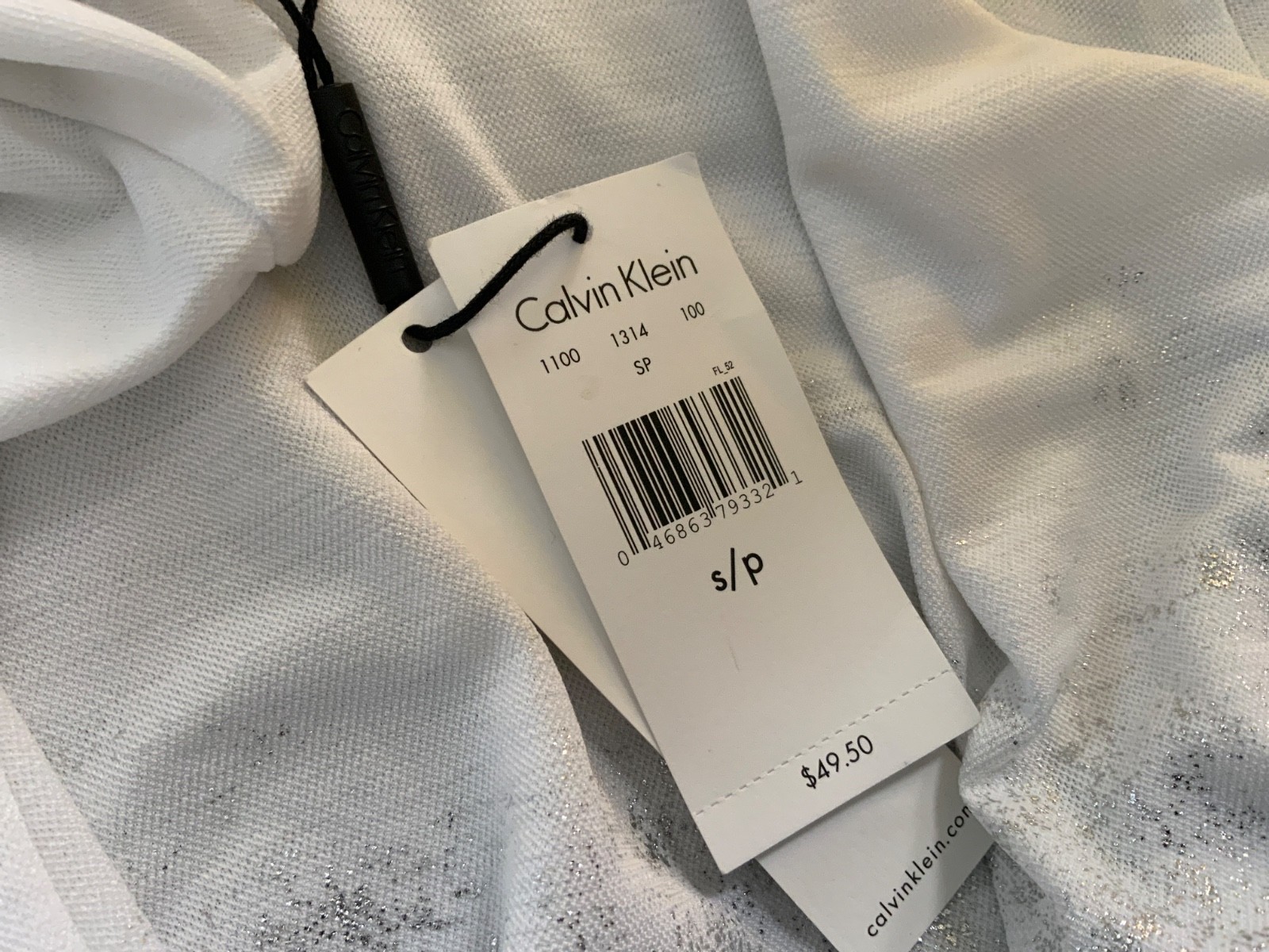 Calvin Klein White Silver Shiny Jersey Top, Size S, New