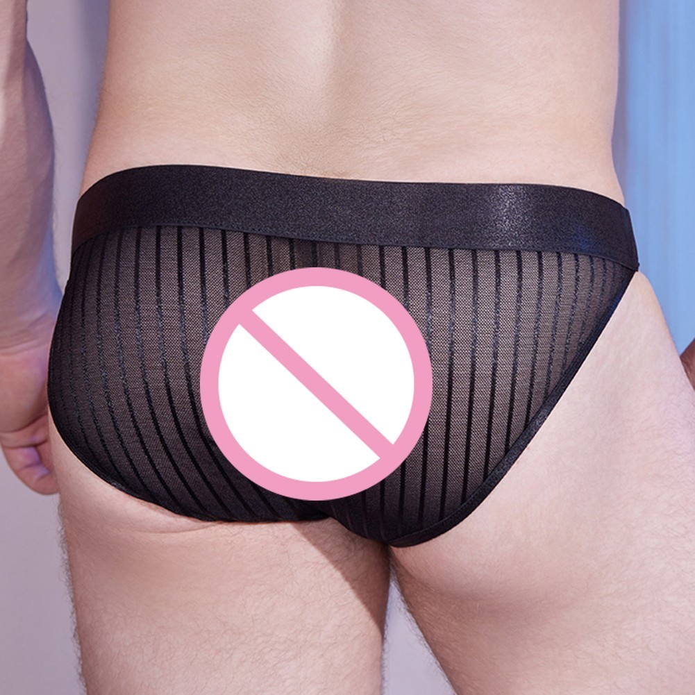 Men’s Low Rise Striped Briefs Transparent Mesh Bulge Pouch 95% Nylon 5% Spandex