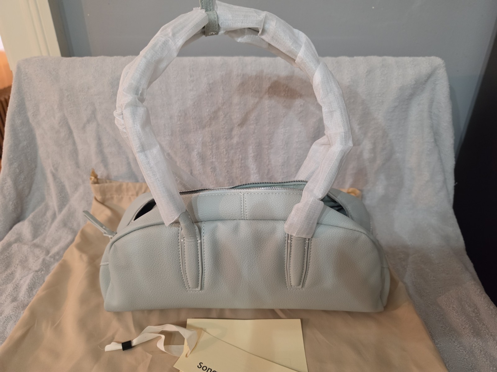 Songmont Light Blue Pebbled Top Handle Satchel Zip Closure, Dust Bag Card