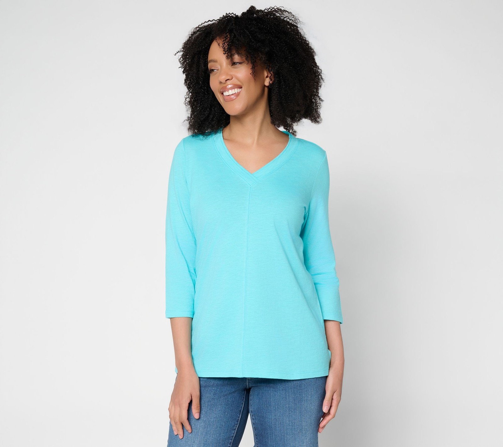 Belle by Kim Gravel TripleLuxe Linen V-Neck 3/4 Sleeve Top Cabana Blue L New