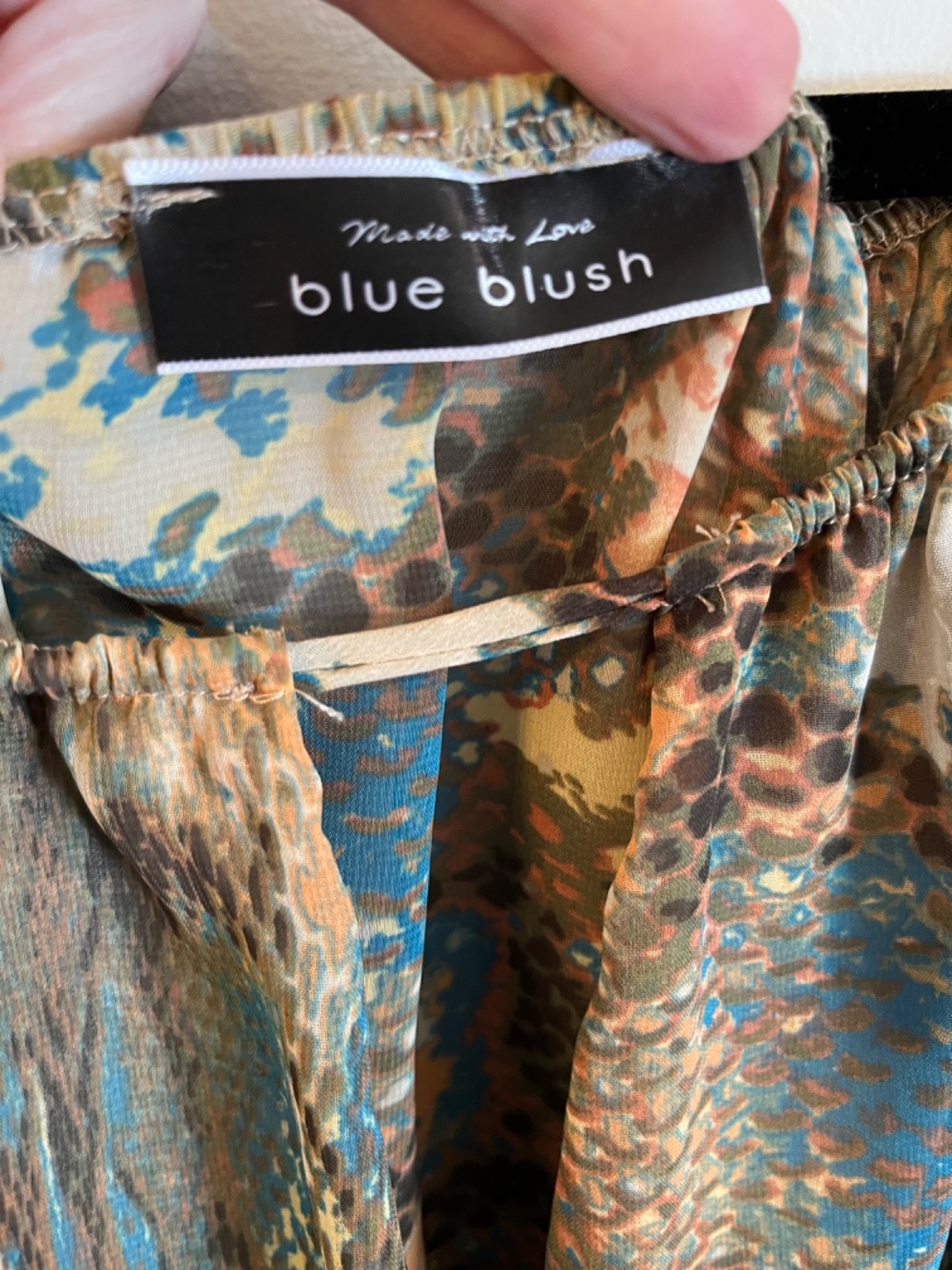 Blue Blush Long Open Sleeve Crop Top Geometic Print Sheer Front Lined Blouse LG
