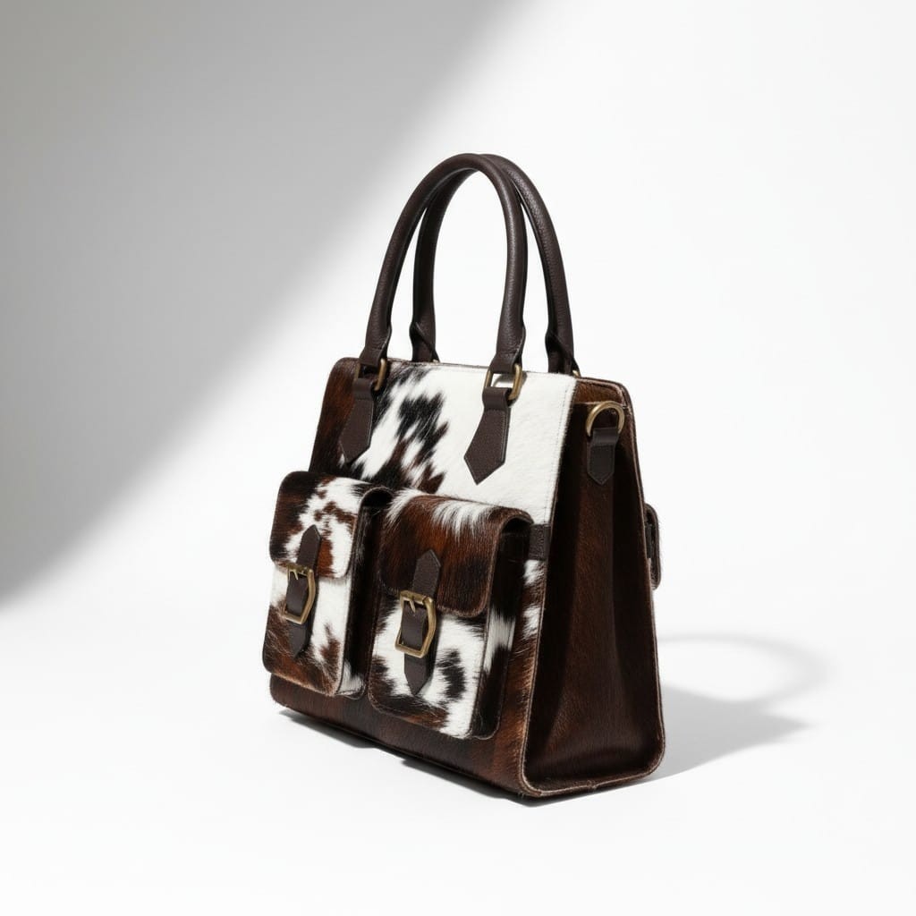 Genuine Cowhide Leather Tote Bag Brown White Hair-On Hide 13x11x4 Stylish