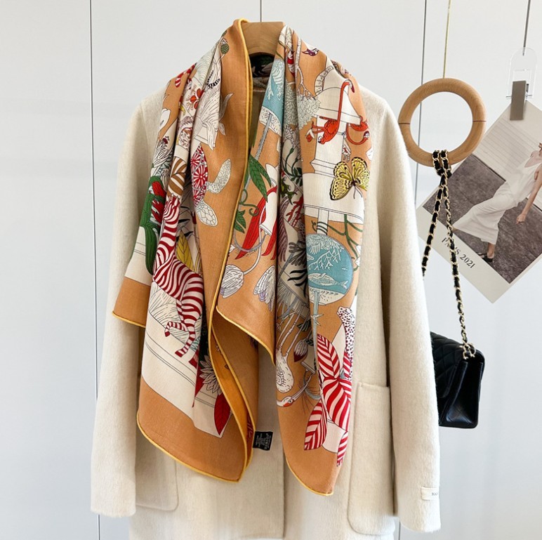 Double Face 70% Cashmere 30% Silk Scarf Square Shawl 53″ Orange Large Wrap