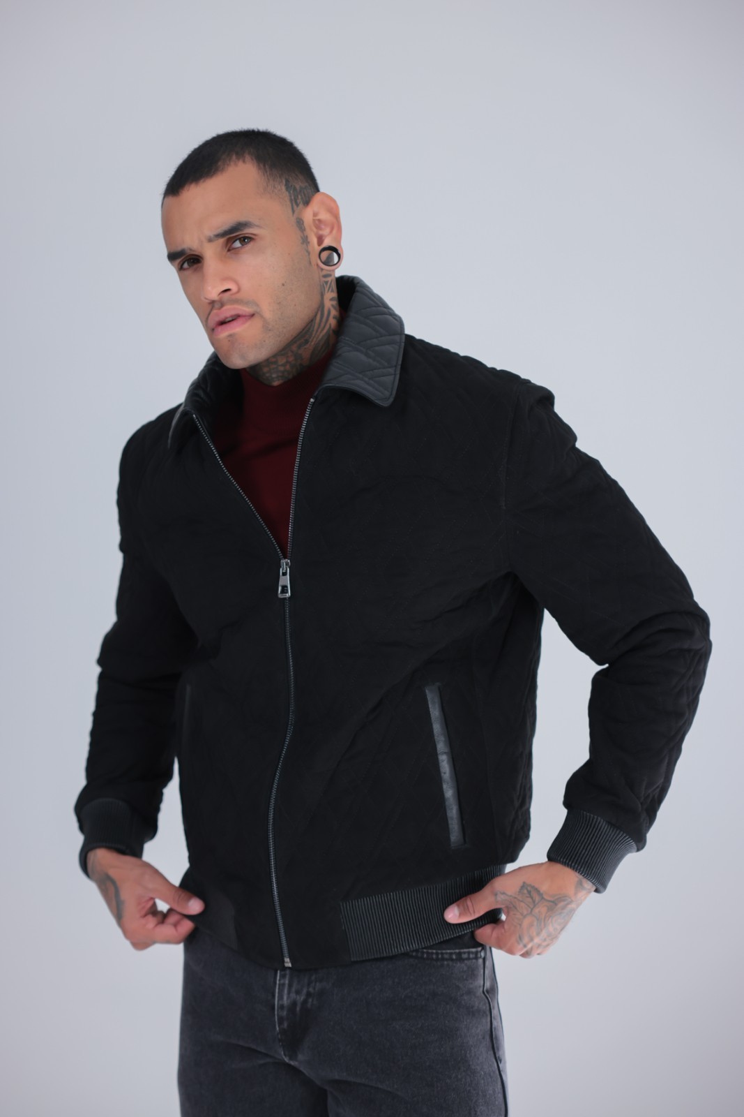 Men’s Genuine Suede Leather Bomber Jacket Black Rib Knit Zip 26″ – 65cm