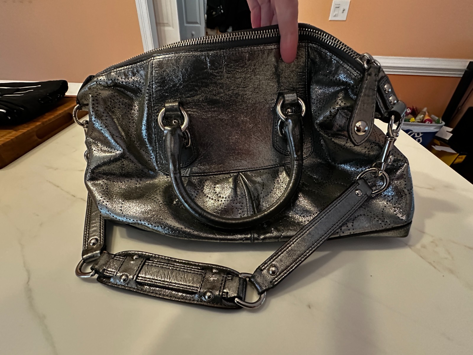 COACH Metallic Silver Perforated Leather Ashley Double Handle W Strap Handbag
