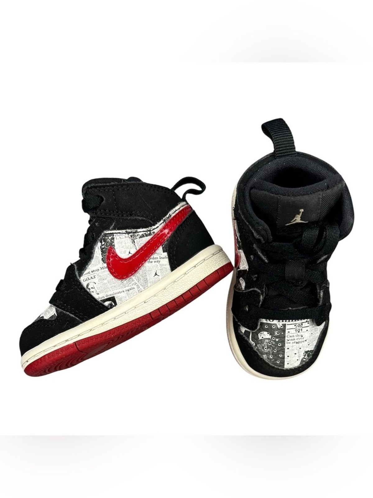 Baby Jordan’s | Mid Top | Red & Black “Newspaper Air Times” | Toddler 4 C