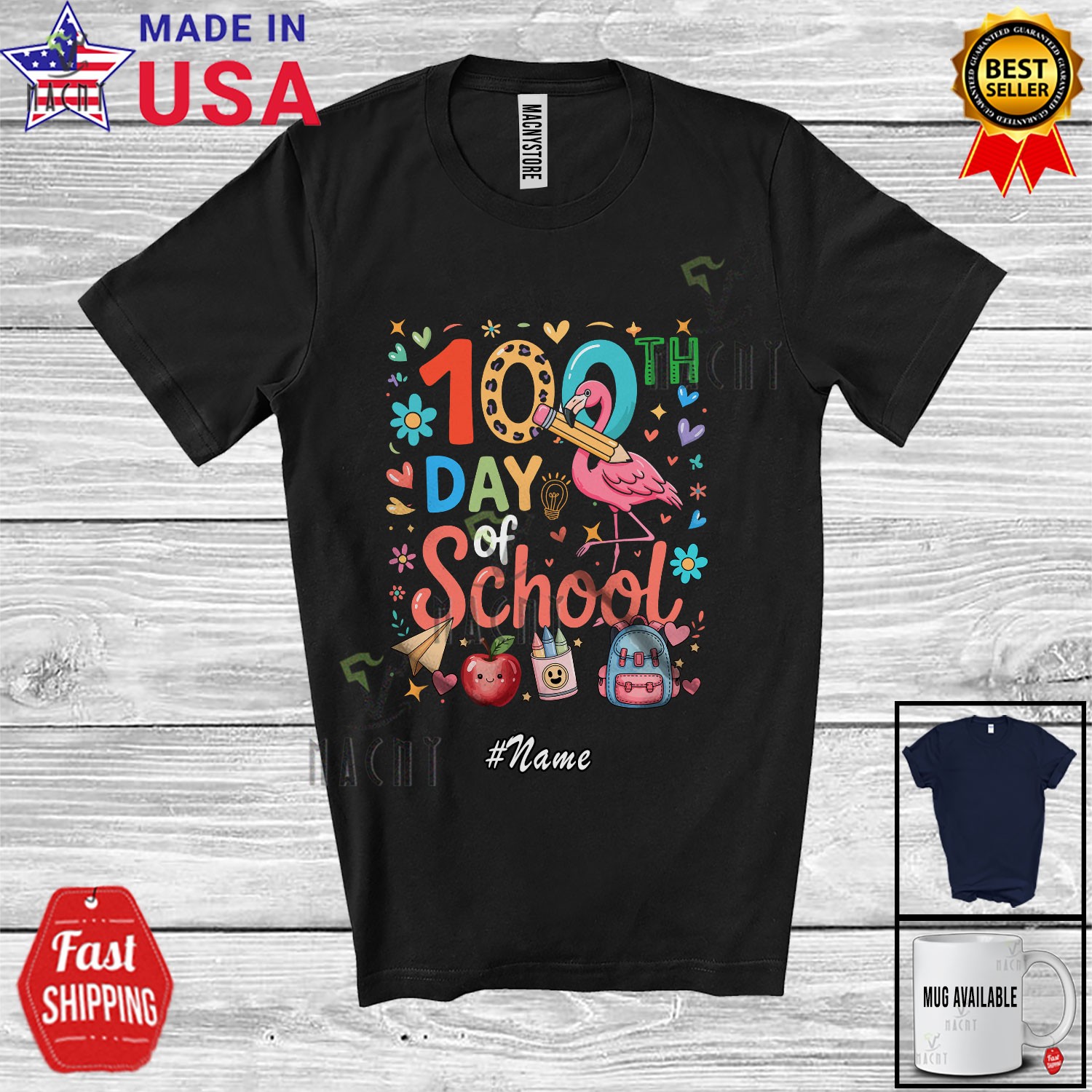 Custom Name 100th Day Of School; Adorable Flamingo Pencil Teacher Students Shirt