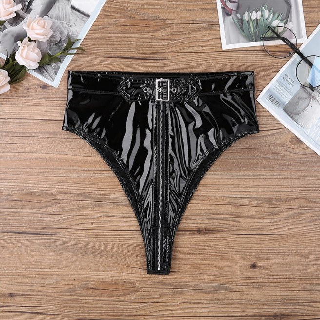 PVC Faux Leather High-Waisted Front Zip Up Booty Shorts Hot Pants Belt Underwear