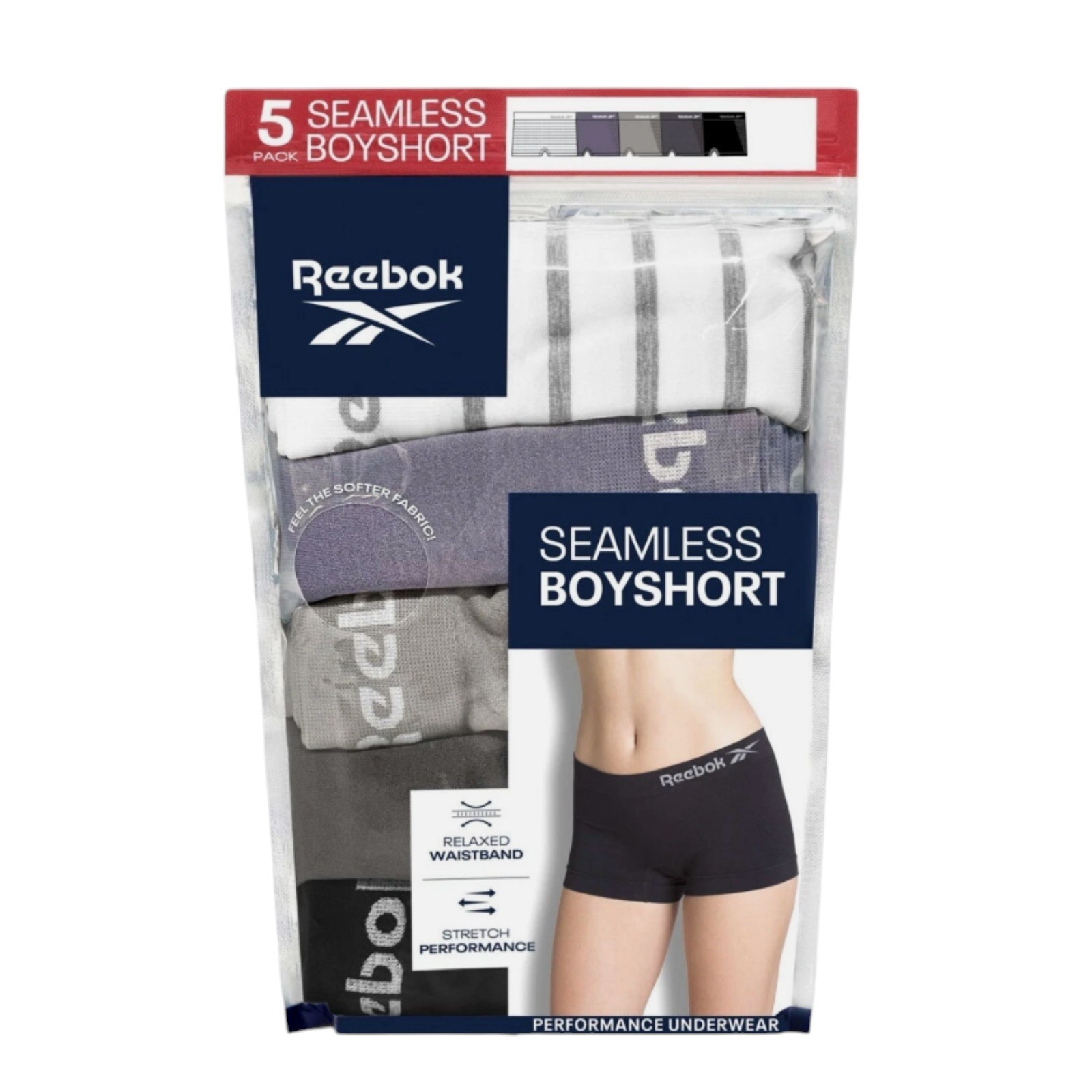 NEW Women’s Reebok 5 Pack Seamless Boyshorts White Purple Black Underwear L / XL