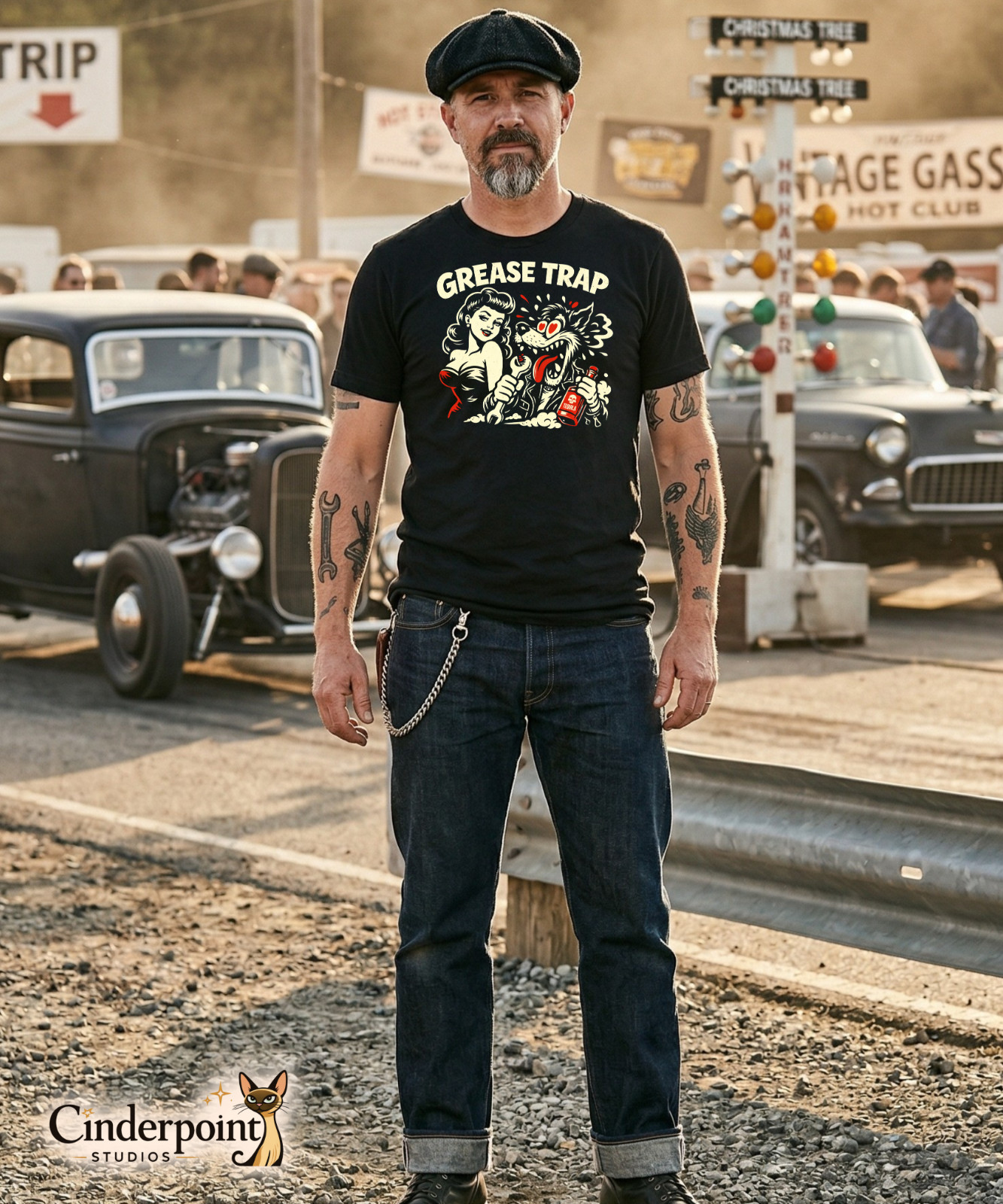 Grease Trap T-Shirt Big Bad Wolf & Pinup Girl Retro Rockabilly Graphic Tee XS-5X