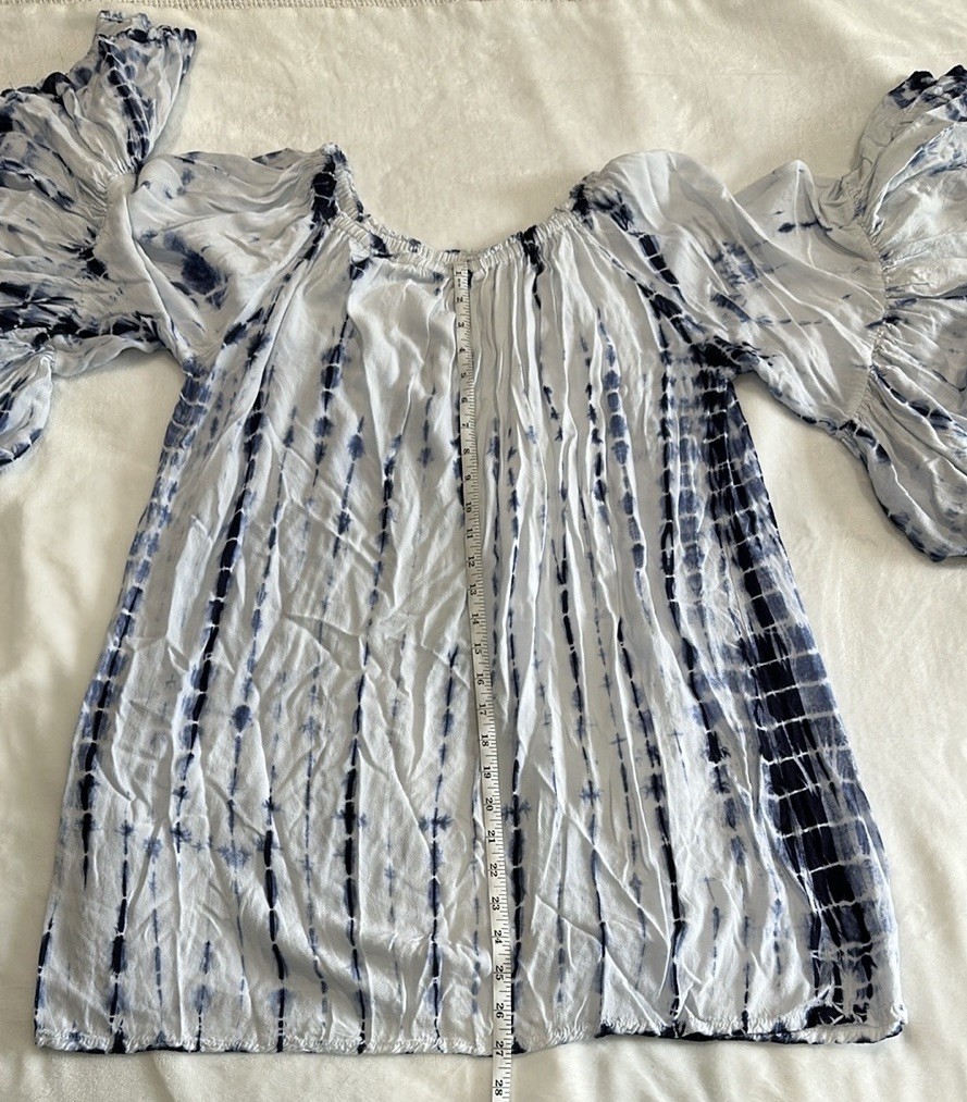 Altar’d State Women’s Blue White Tie-Dye Off Shoulder Puff Sleeve Blouse Size L