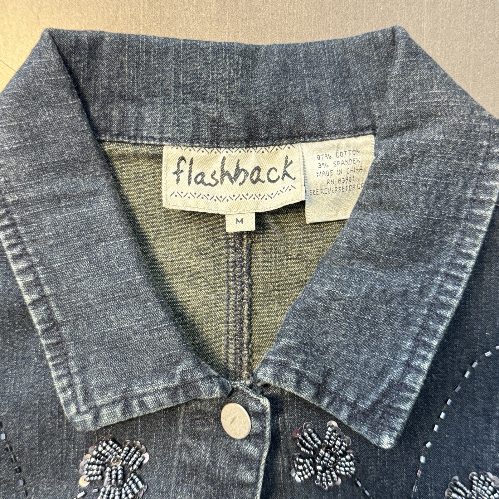 Flashback Blue Denim Beaded Western Jean Jacket Boho Flower Bedazzled M Stretch
