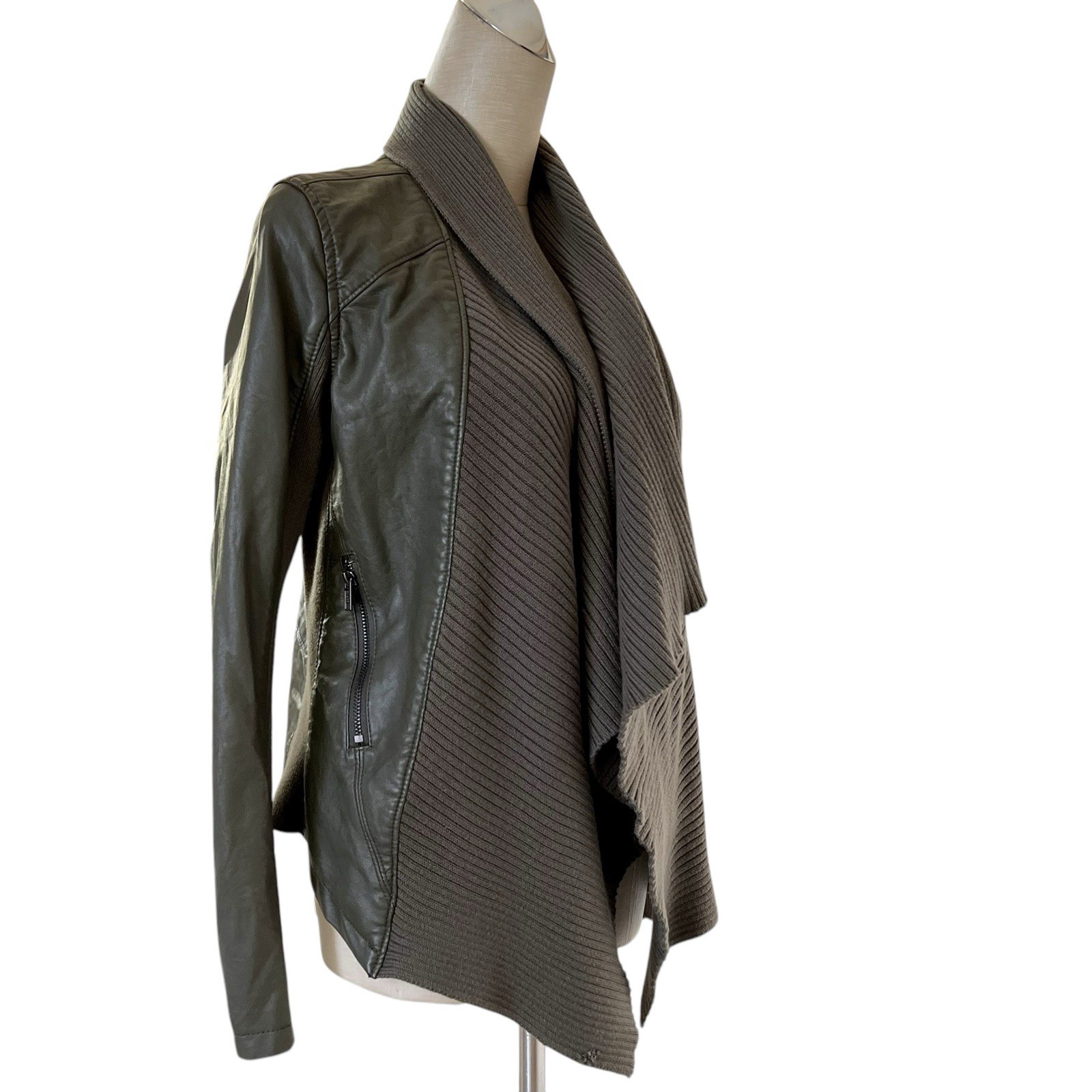 Blank NYC Moto Jacket Vegan Leather Knit Mixed Media Olive Green Sz Small