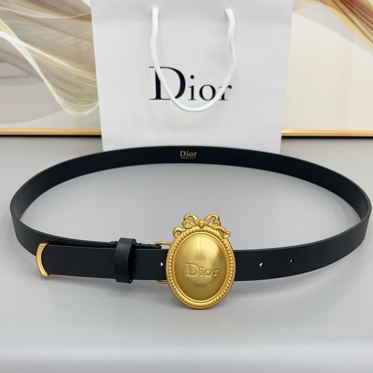 Dior Women’s Black Leather Belt with gold buckle