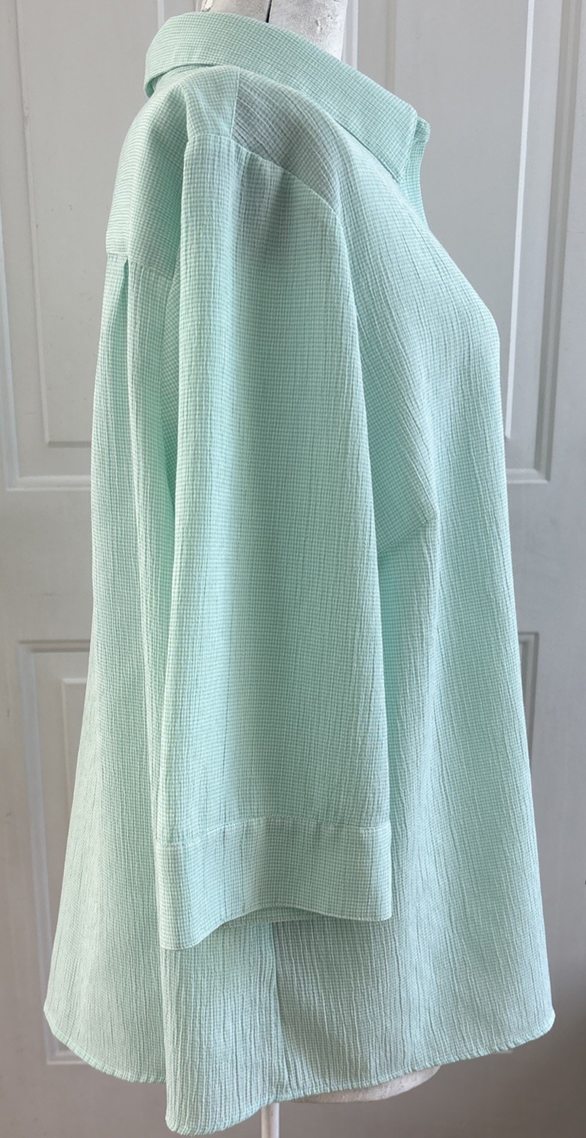CJ Banks Blouse 3X Mint Green&White Check 3/4 Sleeves Button Down Casual READ!!!