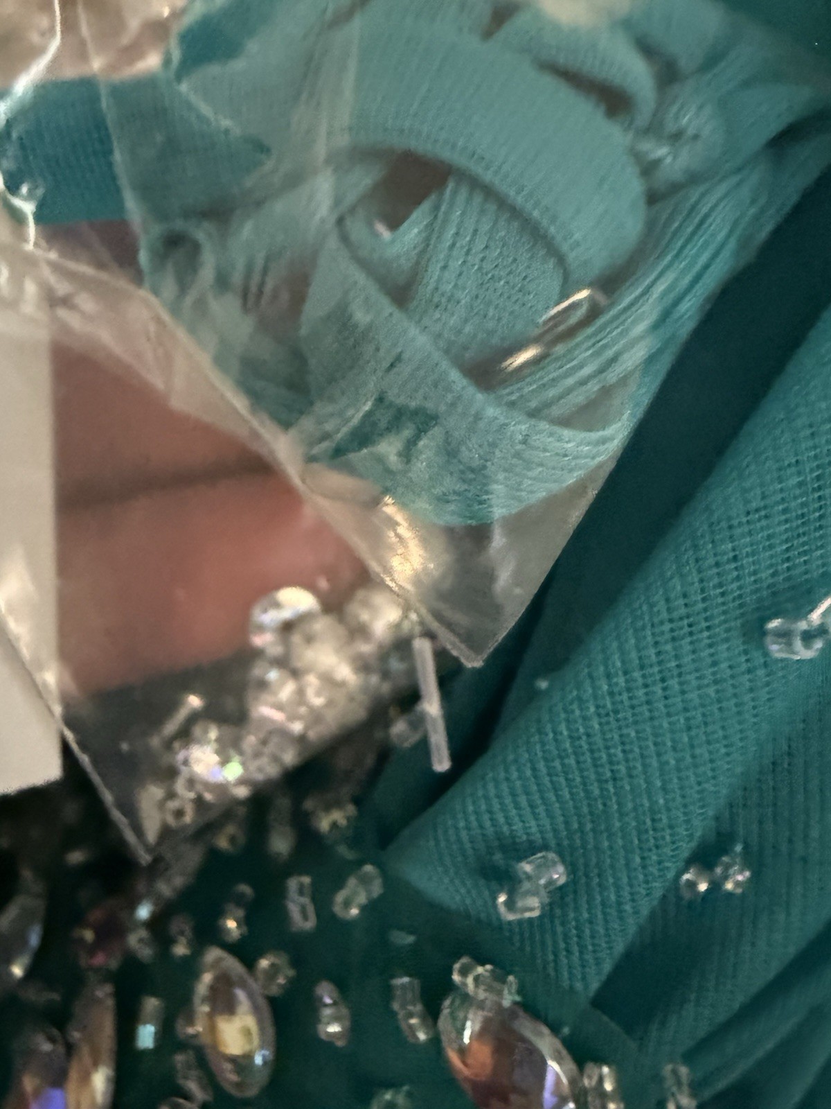 deb Women’s Teal Beaded Sequin Rhinestone V-Neck Long Gown Straps 7/8