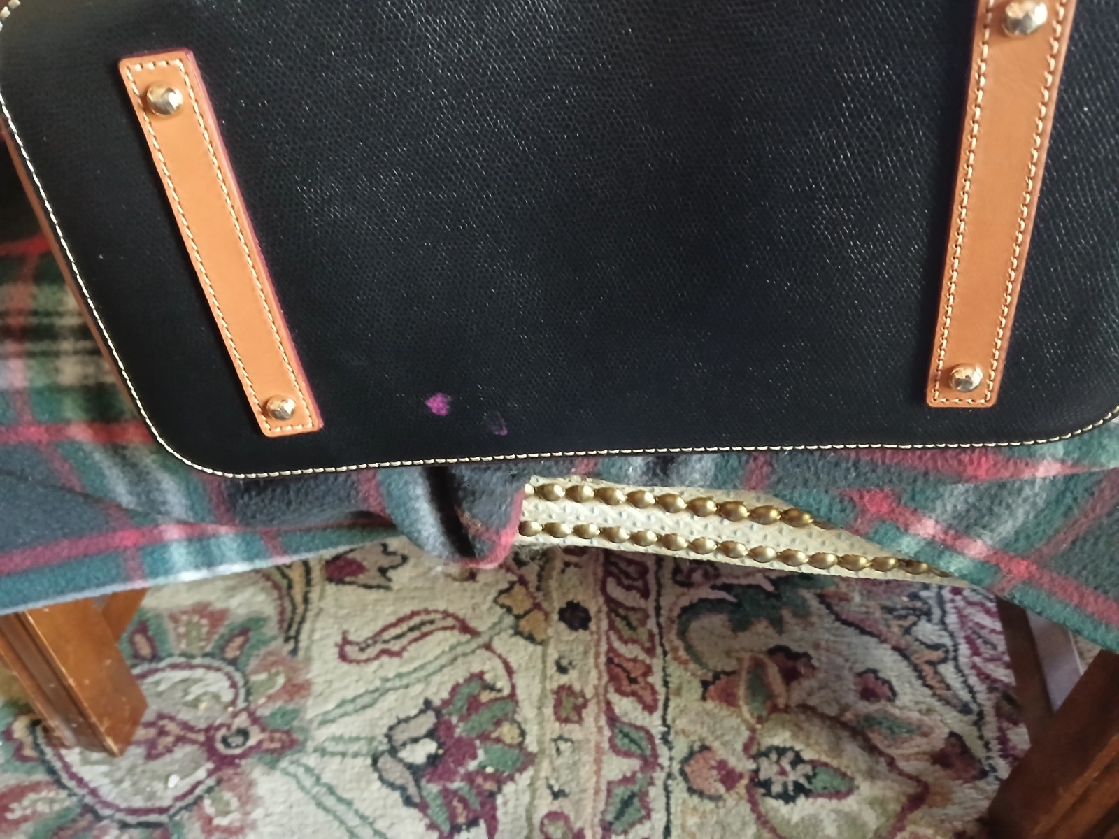 Dooney & Bourke Black Pebbled Satchel Top Handle Tan Strap Zip Turn Lock