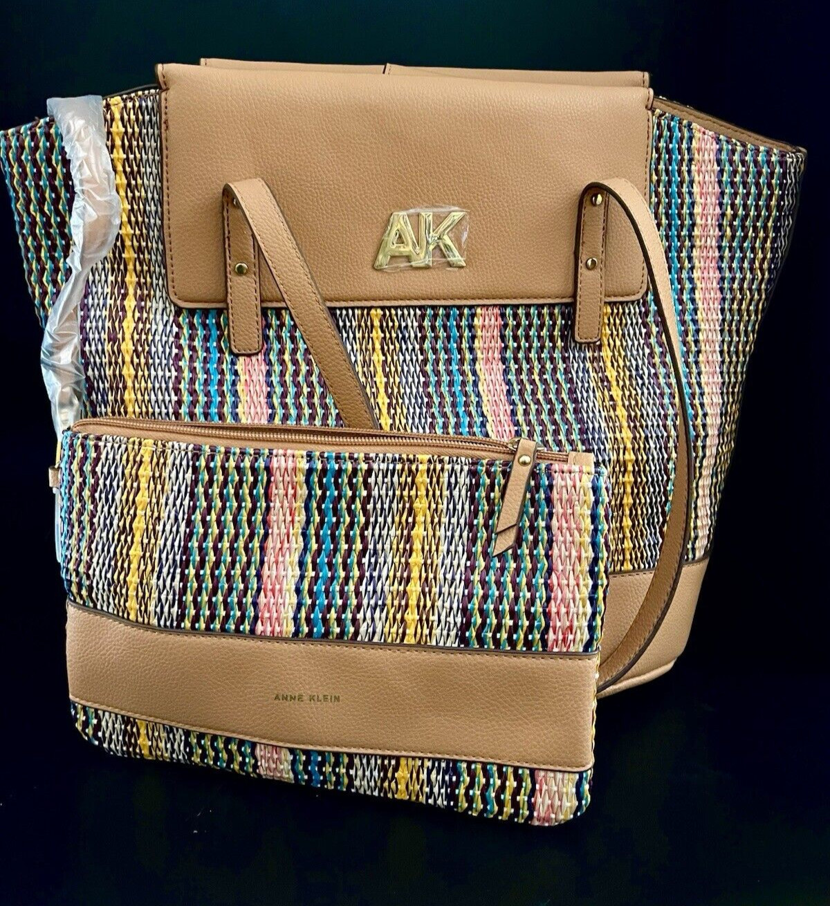 NEW Anne Klein Large Woven Multicolor Camel Curved Tote with Pouch 12.5 x 16 in.