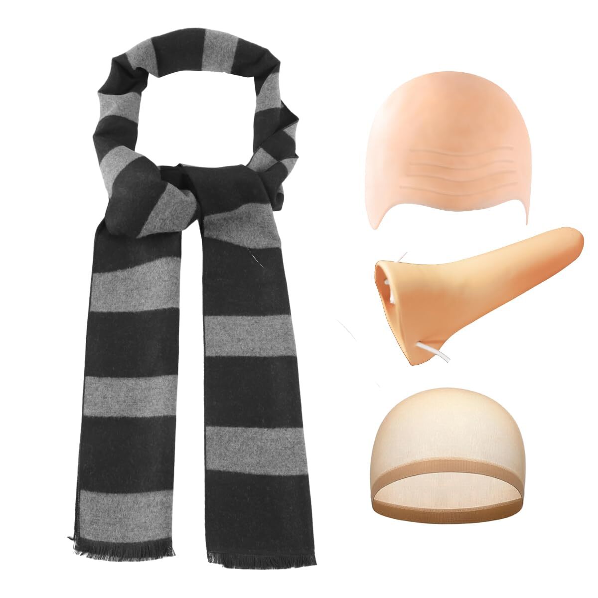 4 Pcs Black and Gray Scarf with Fake Nose and Bald Cap for Men Halloween Cosp…