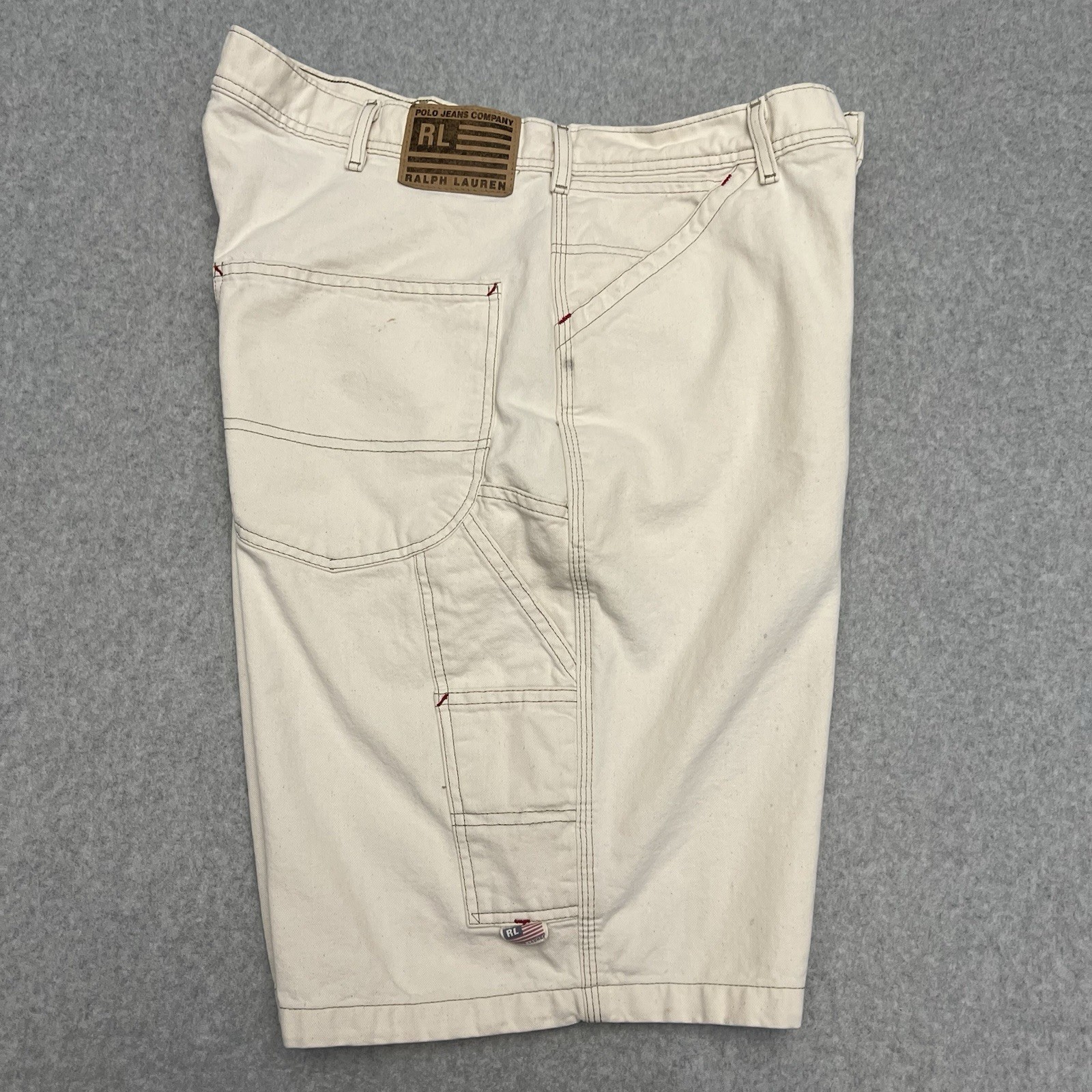 Polo Jeans Shorts Men’s 34 Beige Carpenter Hammer Loop Baggy Wide Leg Flag Logo