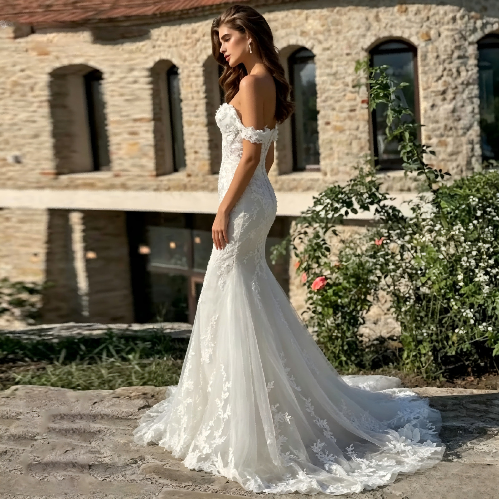 Off Shoulder Mermaid Wedding Dresses 3D Floral Lace Tulle Train Bridal Gown