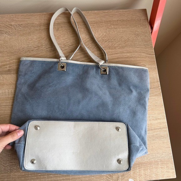 N.A.N. Blue Suede Leather Trim Tote Bag Silver Hardware Shoulder Bag Large y2k