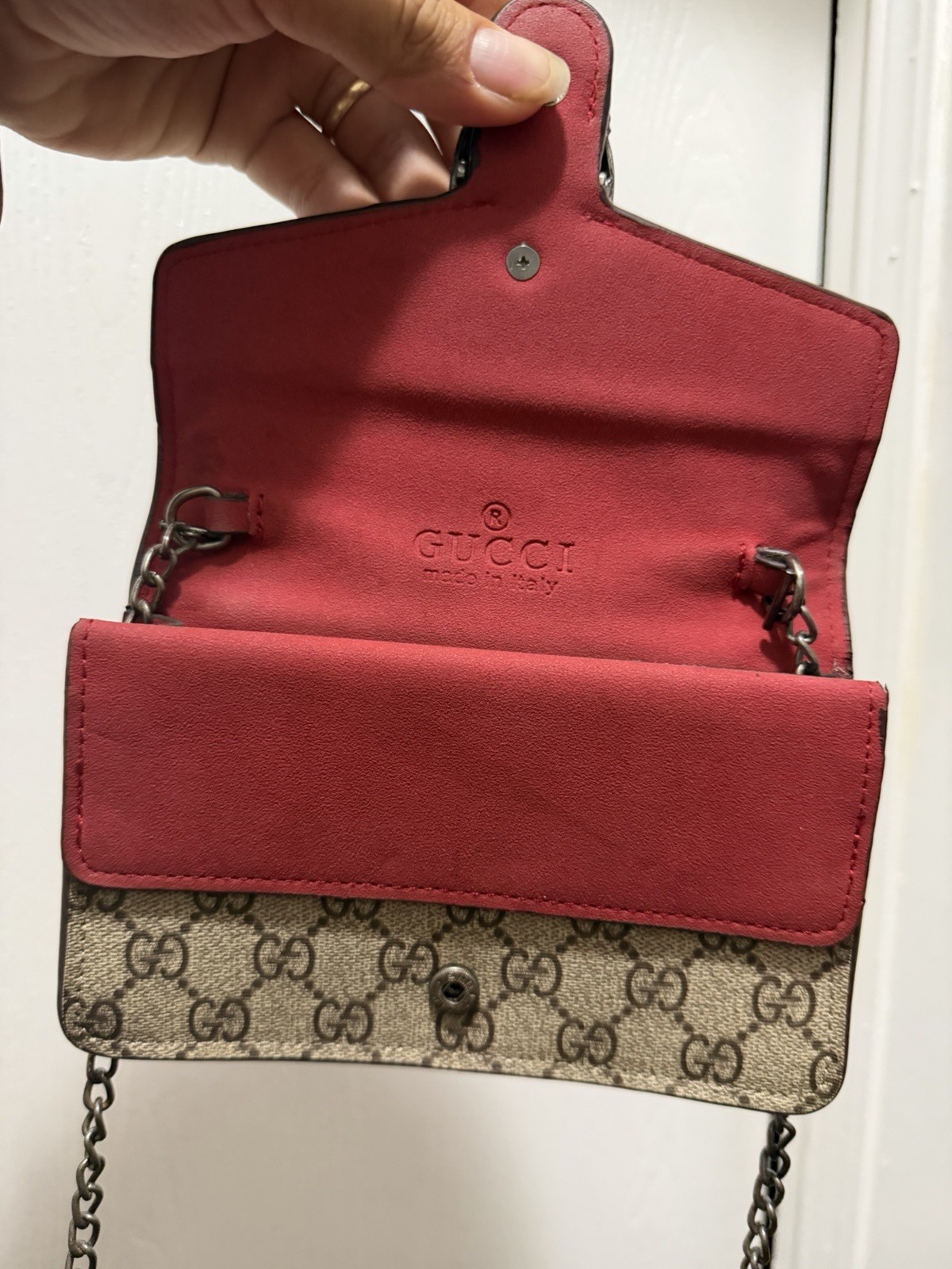 Gucci GG Pattern Crossbody Bag Chain Strap Snap Closure Beige/Red