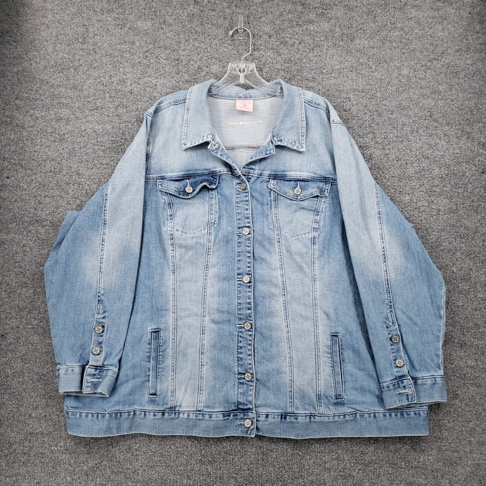 Laurie Felt Jacket Women 3X Plus Blue Classic Denim Belted Jean Collared Stretch