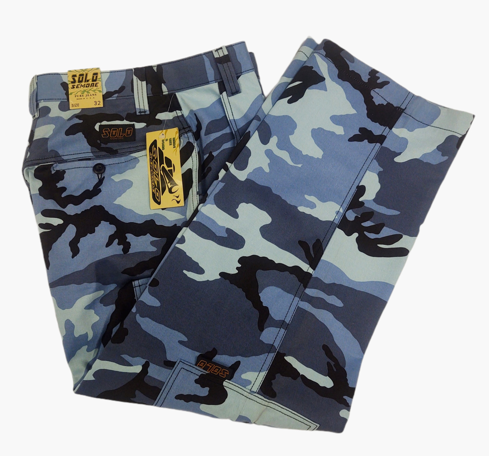 Mens Solo Semore 90s Cargo Blue Camouflage Urban Apparel Pants 28-42 USA Vintage