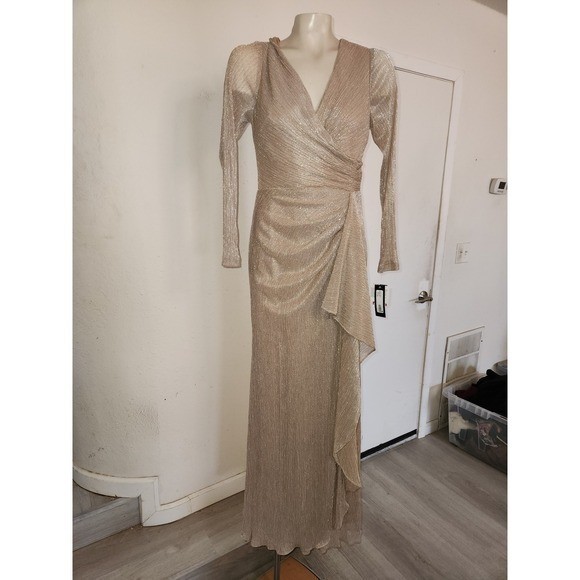 Betsy Adam Metallic Long-sleeve Formal Dress Champagne Gold Pleated Dress