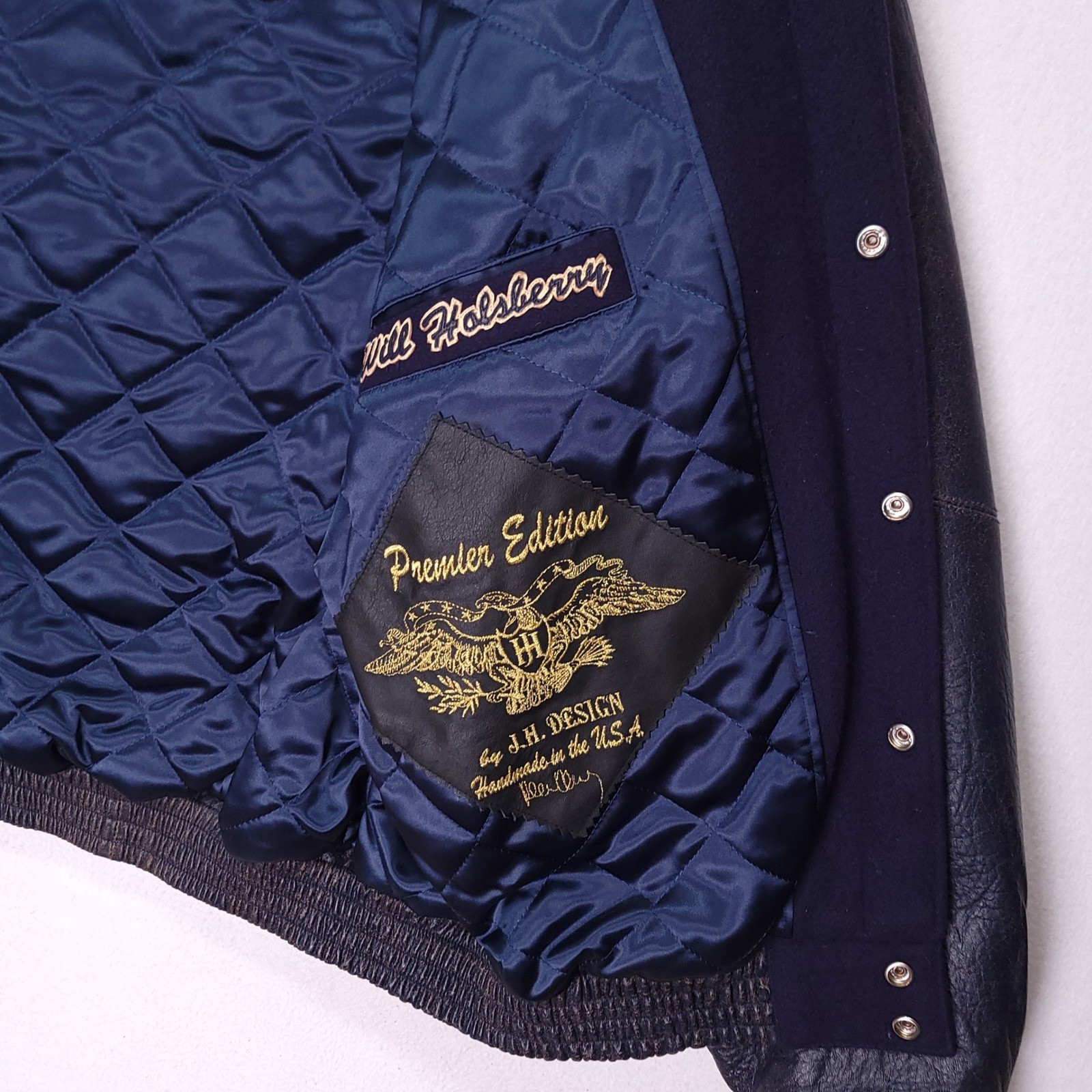 Jeff Hamilton Varsity Jacket Navy Wool Leather Sleeves Mens XL Premier Edition