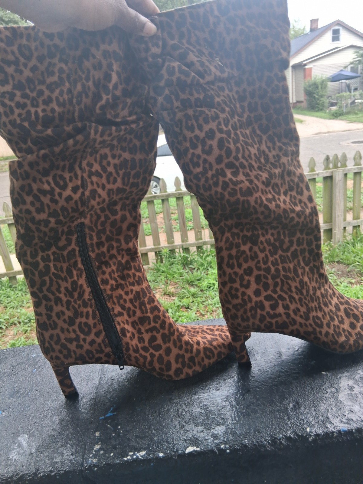 Women’s Brown/Black Animal Print Knee High Pointed Toe Zip Boots Cotton 8