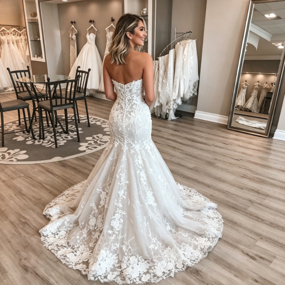 Mermaid Strapless Lace Appliques Wedding Dresses with Court Train Bridal Gowns