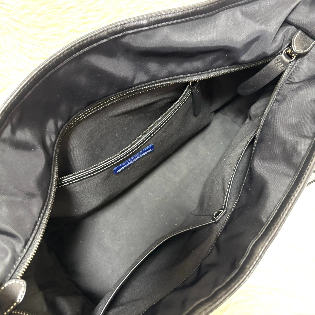 Burberry Blue Label Nylon Leather Tote Bag Horse Logo Black