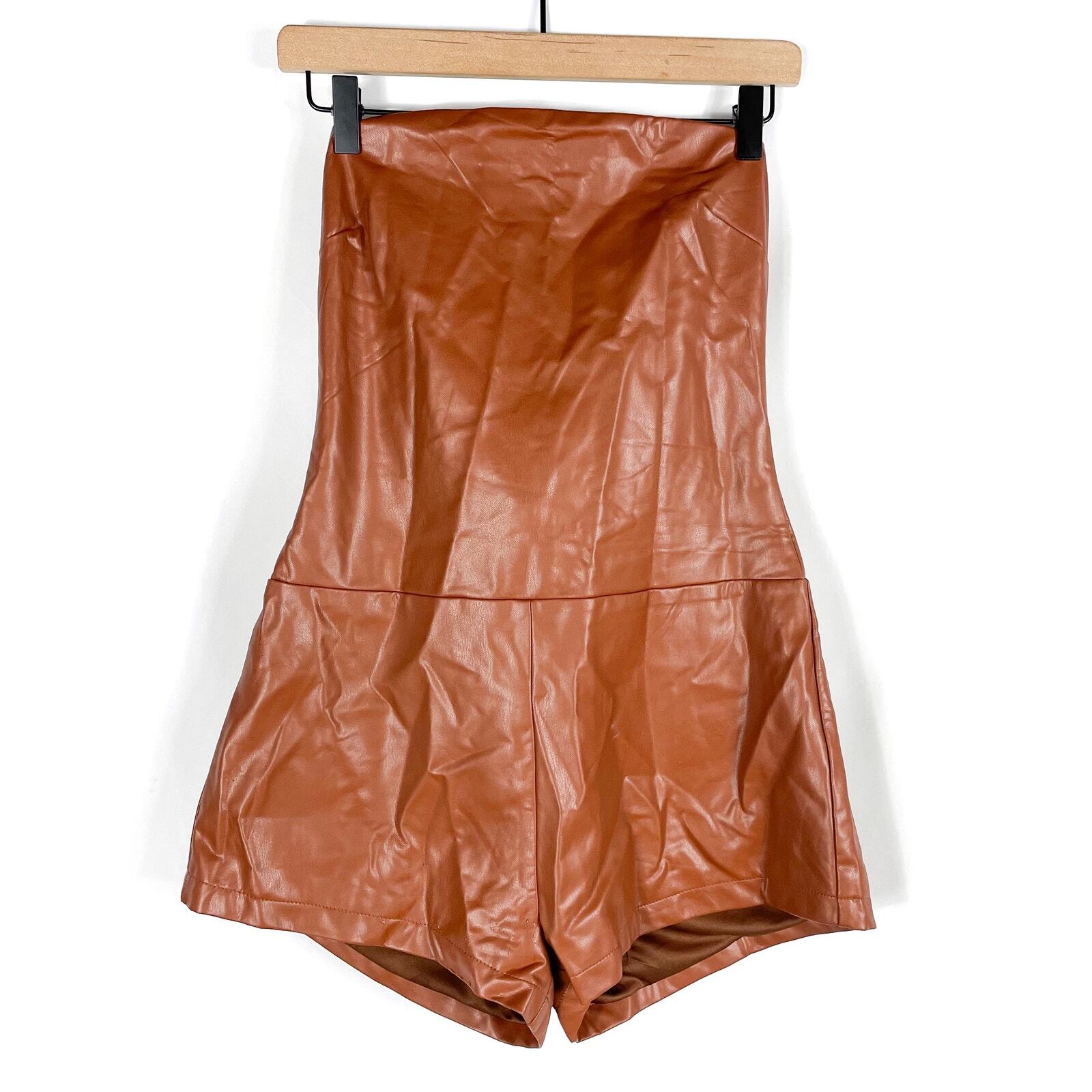 Superdown Briar Faux Leather Romper Brown Strapless Vegan Sz M