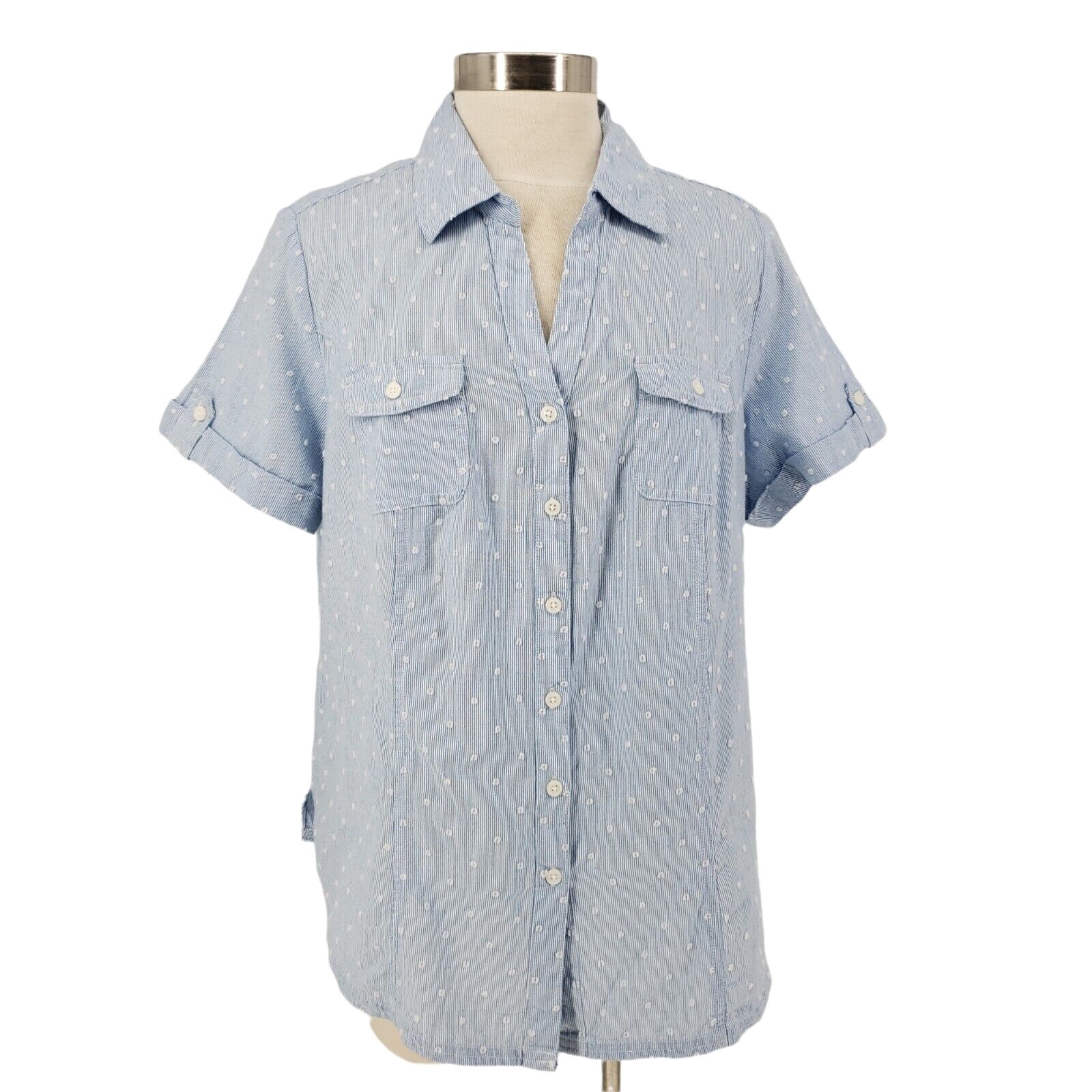 Karen Scott Shirt Blue Chambray Swiss Dot Short Sleeve Button Up NWT Women 1X