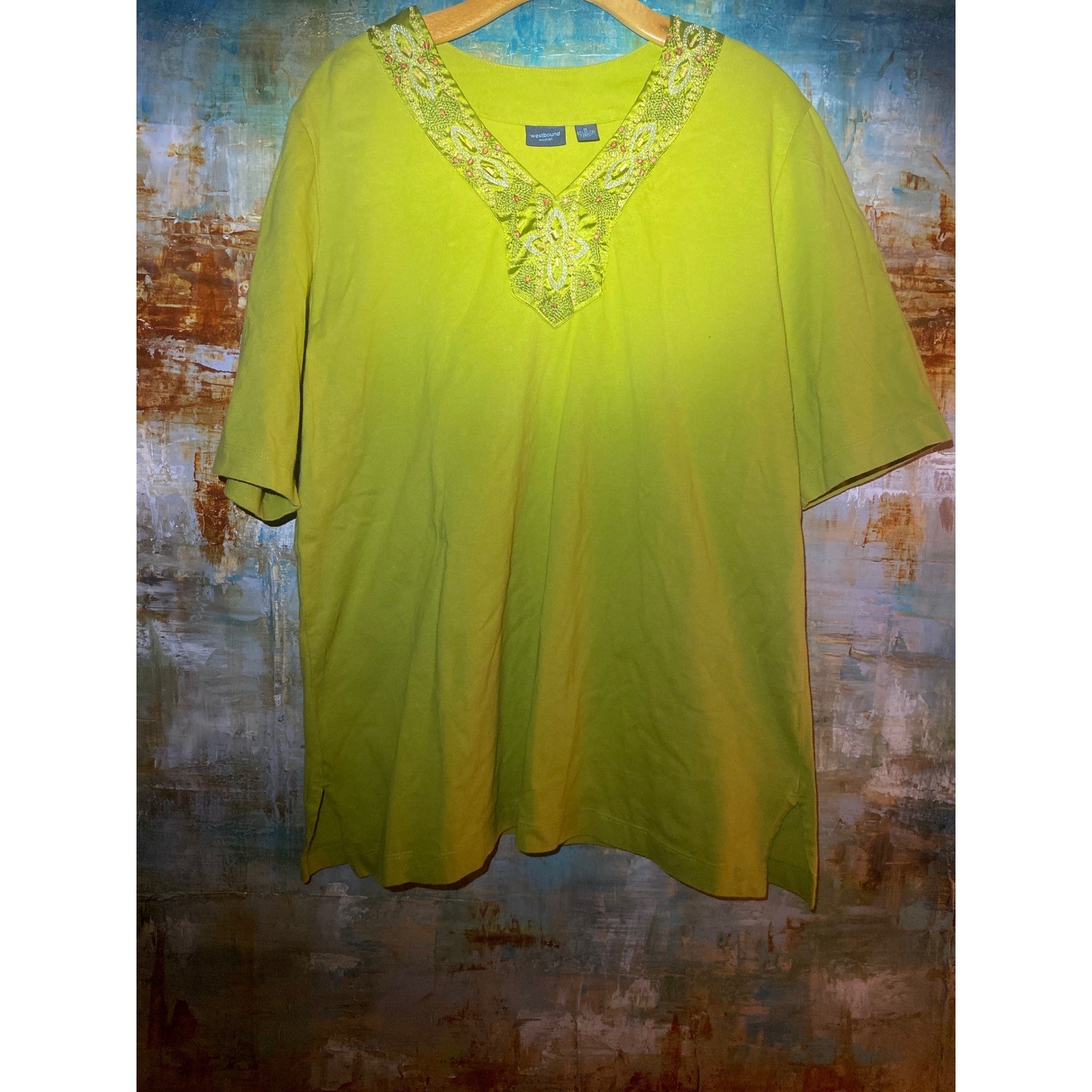 Westbound Woman 1X Lime Green Embroidered Beaded V-Neck Cotton Tunic Top Shirt