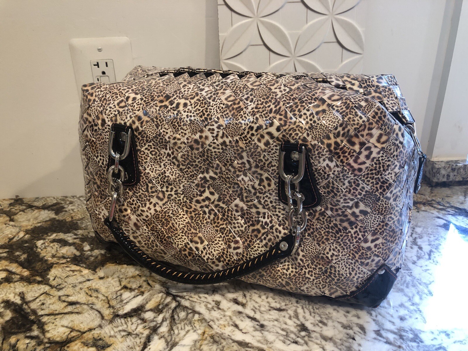 NWT Nahui Ollin Oversized Leopard Print Woven Wrapper 2 Handle Handbag Handmade