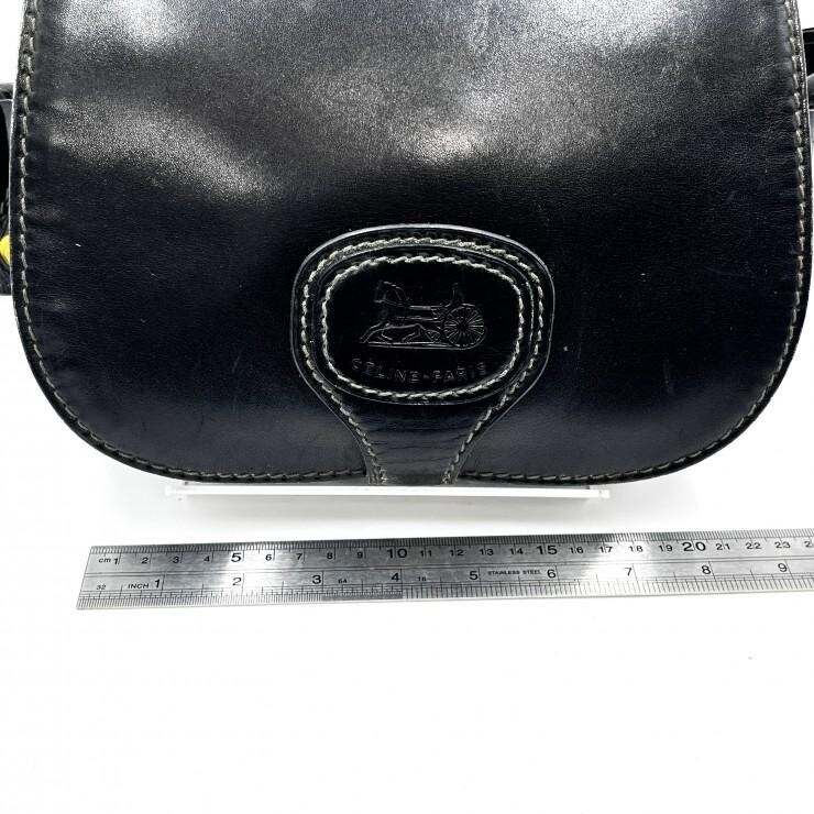 CELINE Vintage Horse Carriage Black Leather Shoulder Bag Gold Hardware Women