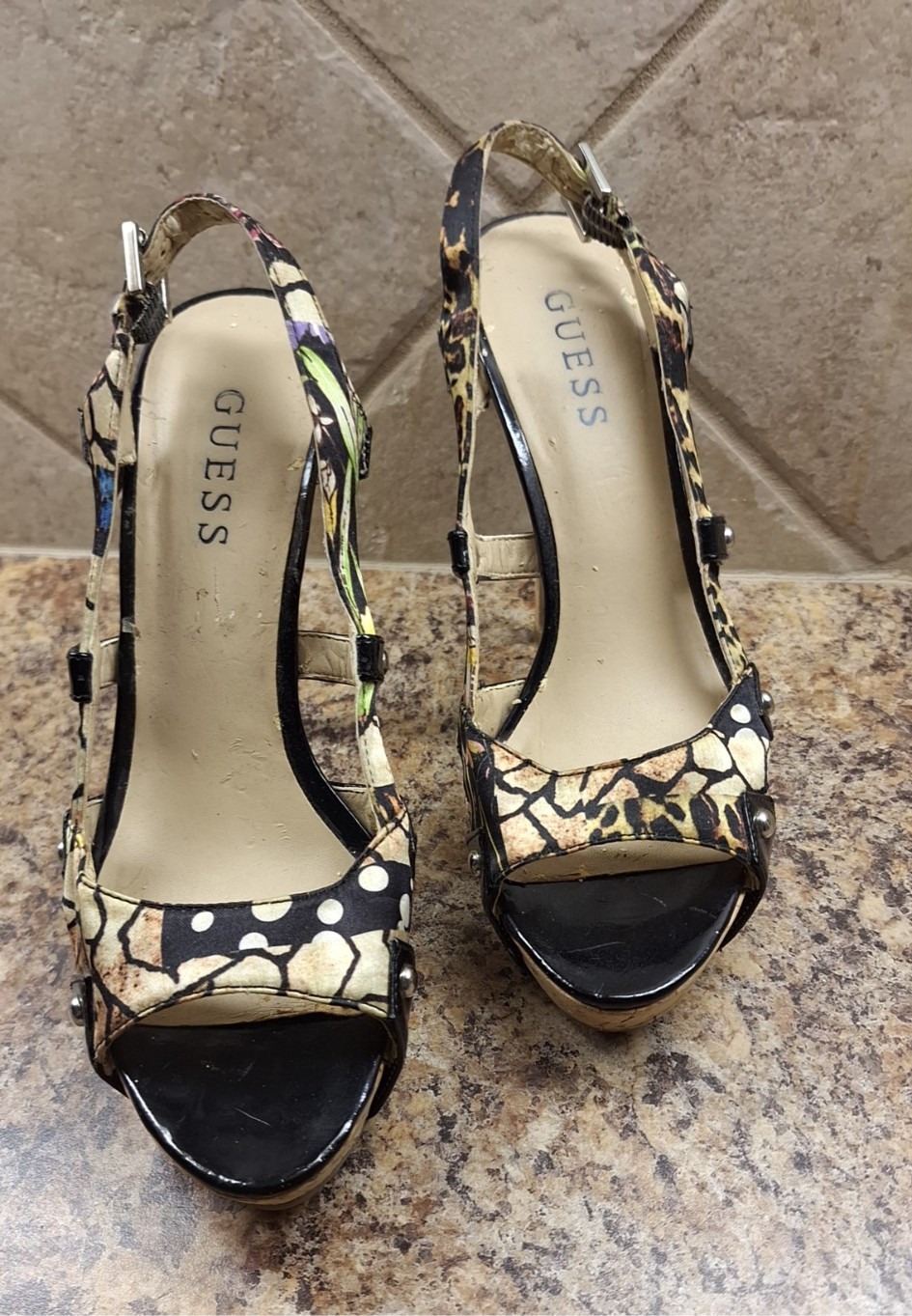 Guess Black Patterned Slingback Cork Stilettos Size 6.5 Gently Worn