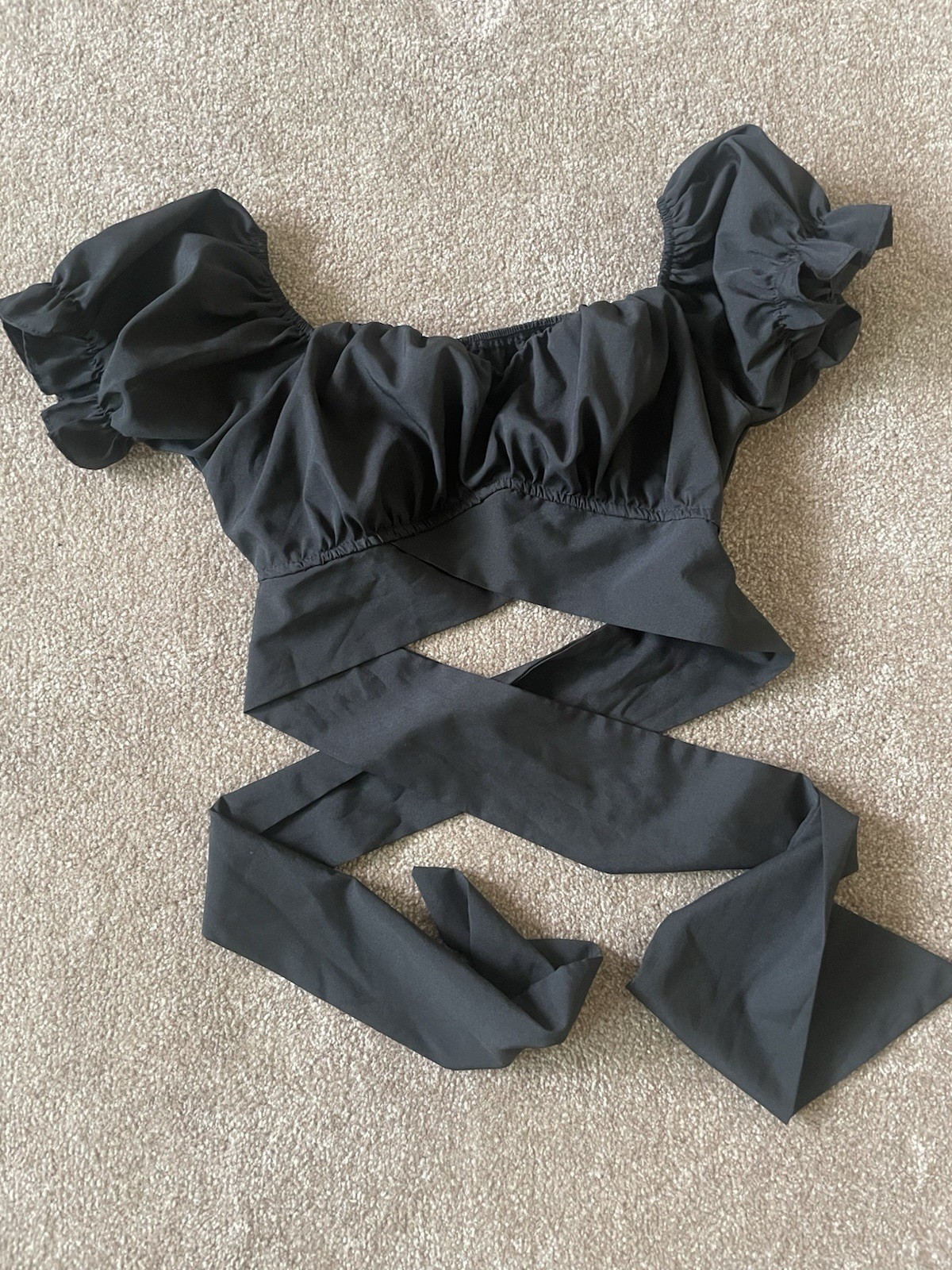 Lyaner Black Crop Top Wrap Back Tie Puff Sleeve Off Shoulder Size Small
