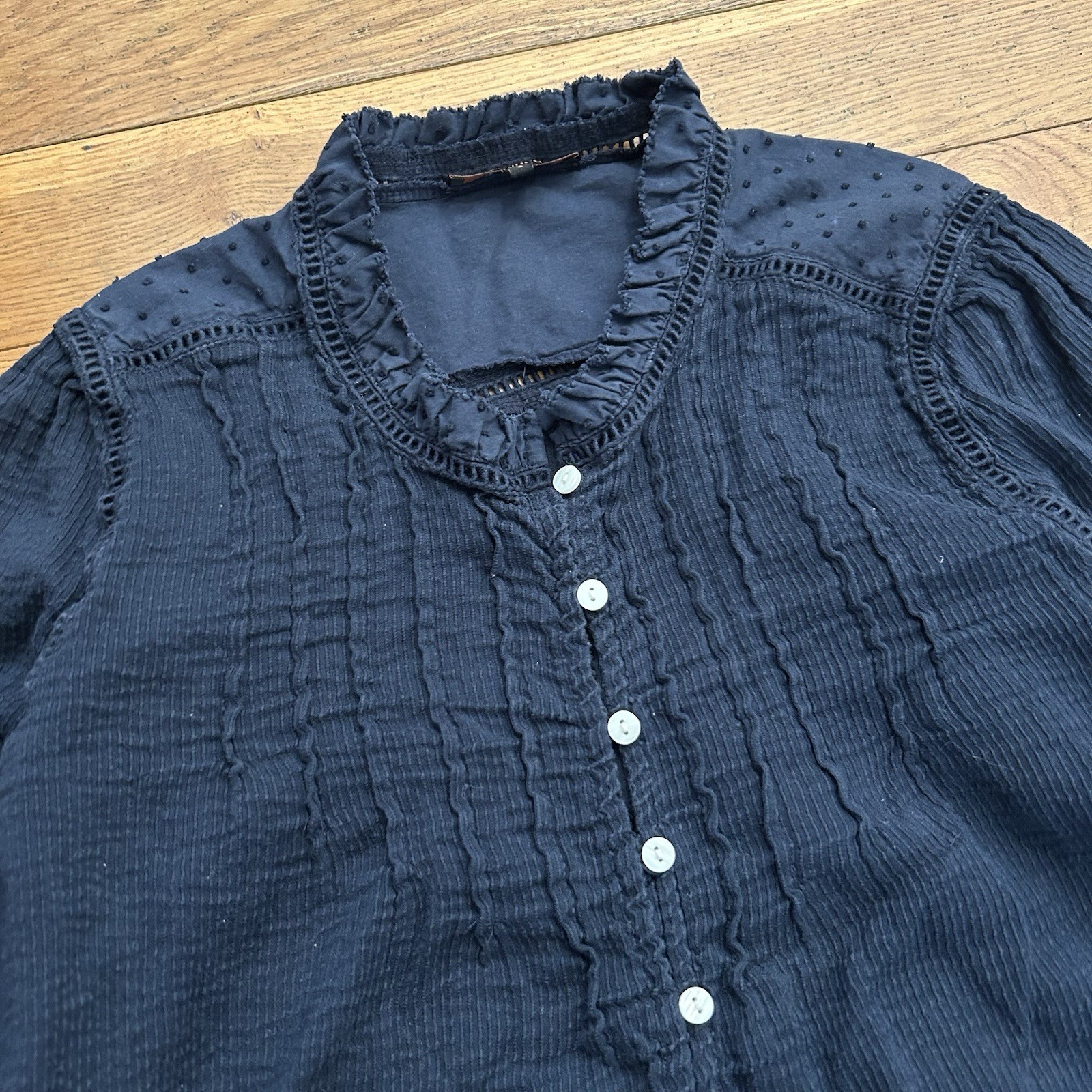 Quince Organic Cotton Textured Peasant Blouse Navy Blue Small
