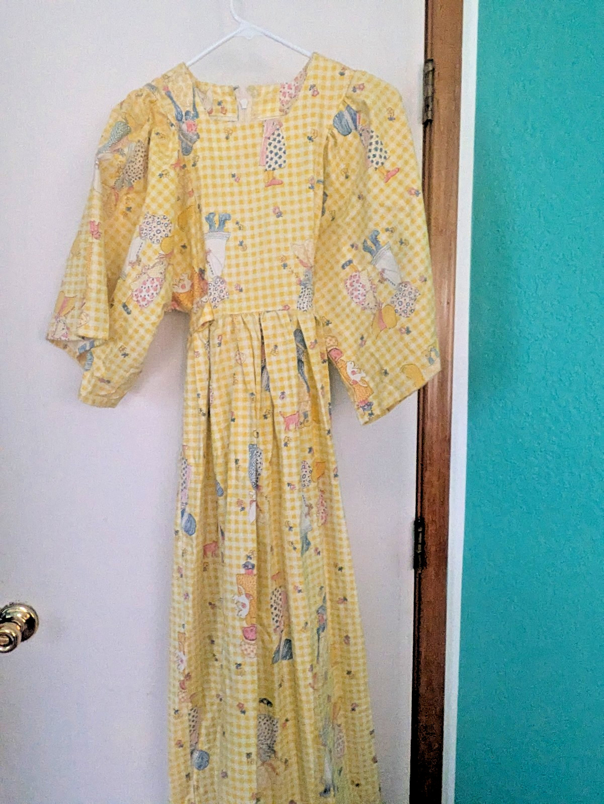 VTG 70s HomeMade Yellow Gingham Maxi Dress Holly Hobby Cottage Prairie