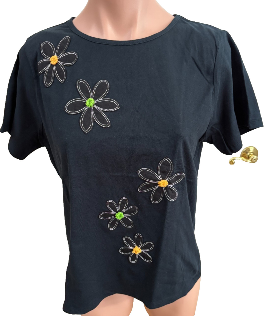 Marisa Christina Black short sleeve T Shirt Top womens Floral Applique L NEW $39