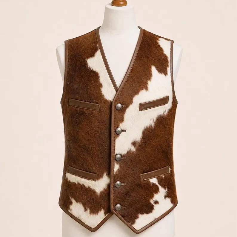 Cowhide Leather Vest Men’s Brown White Vintage Rancher Western Style