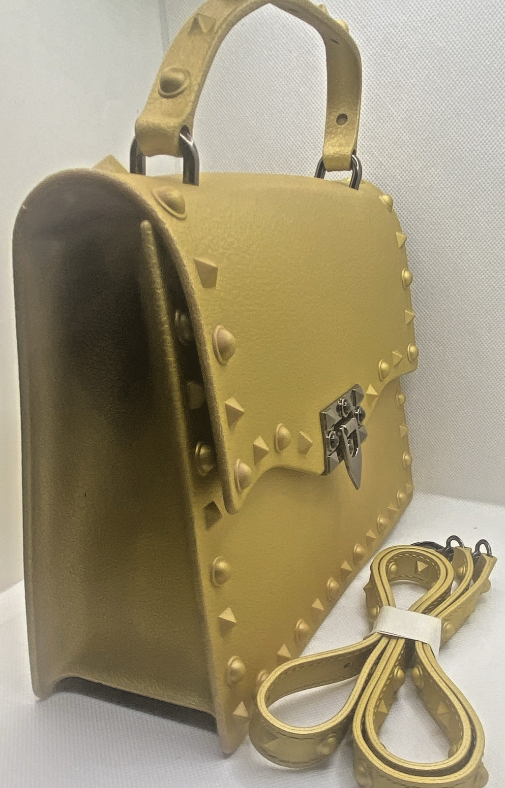 Gold Studded Satchel Top Handle Bag w/ Detachable Adjustable Crossbody Strap
